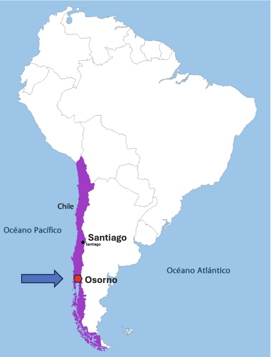 Map showing Santiago and Osorno in Chile